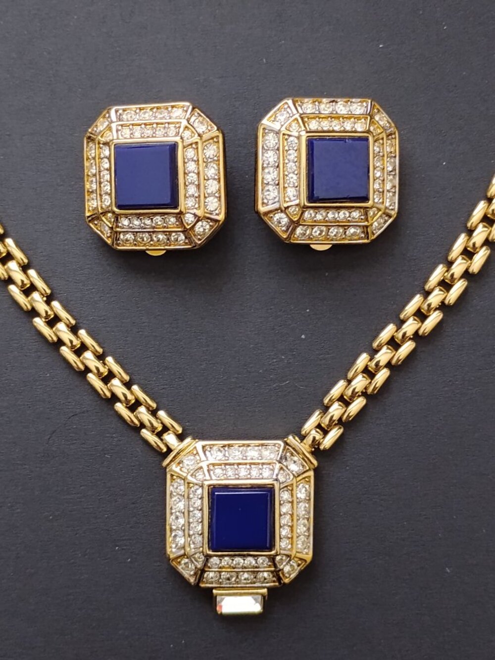 Vintage Nina Ricci D'Orlan 22k Gold Faux Lapis Swarovski Crystal Set Signed